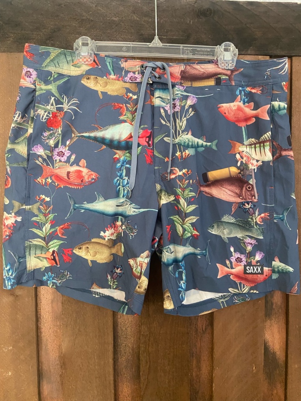 Saxx Navy Swim Shorts with Scuba Tropical Fish Print and BallPark Pouch